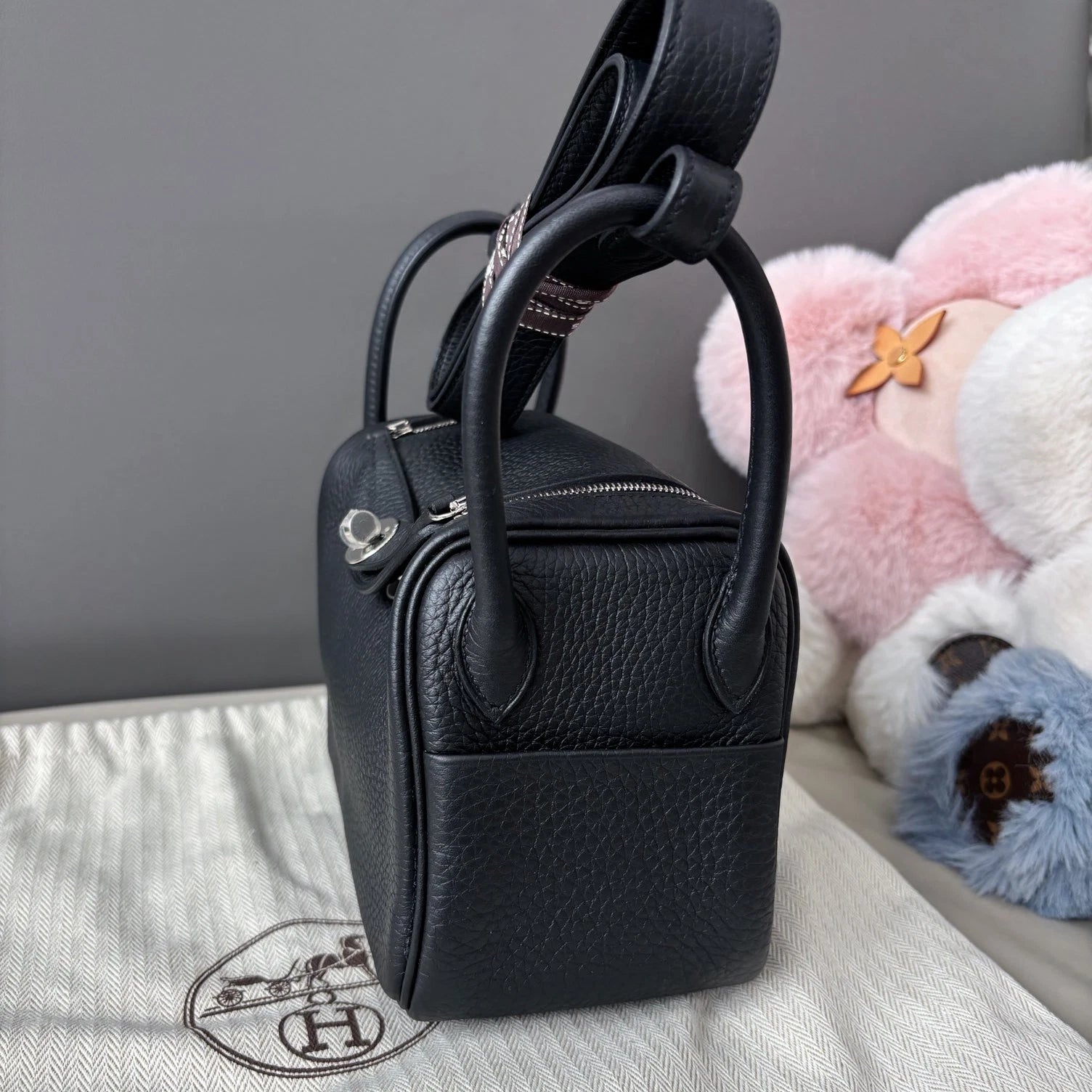 Hermes Lindy Mini Top Handle Shoulder Bag Black Silver Women Classic