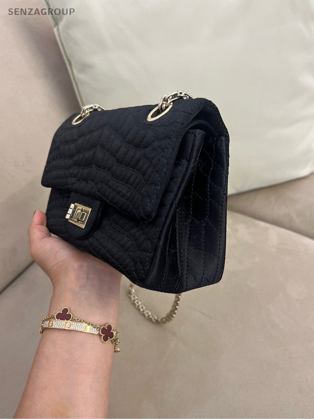 Chanel 2.55 Satin Alligator pattern Chain Shoulder bag Women Black