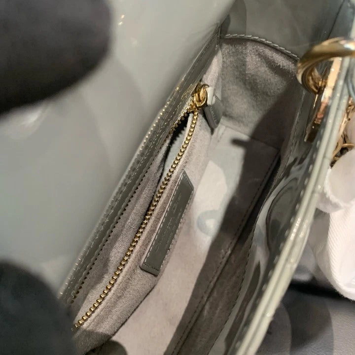 Christian Dior Lady Dior Patent Chain Crossbody Top Handle Bag Gray Gold Women D