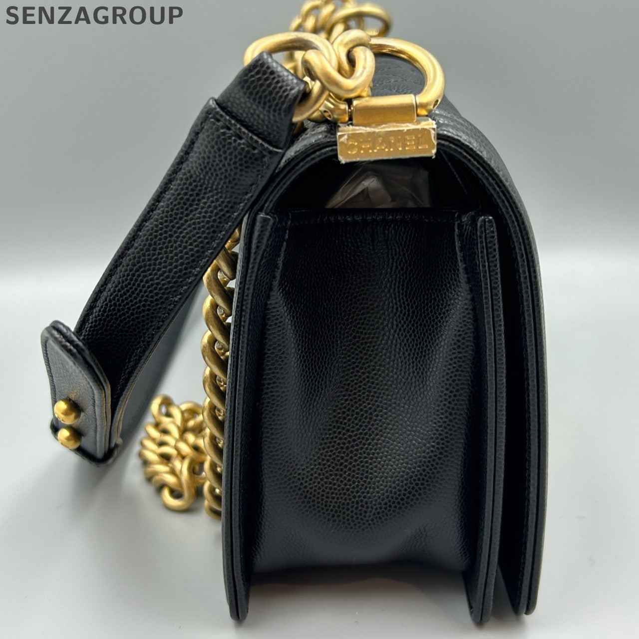 Chanel Le Boy Medium Black Gold Caviar Quilted Chain Shoulder Bag
