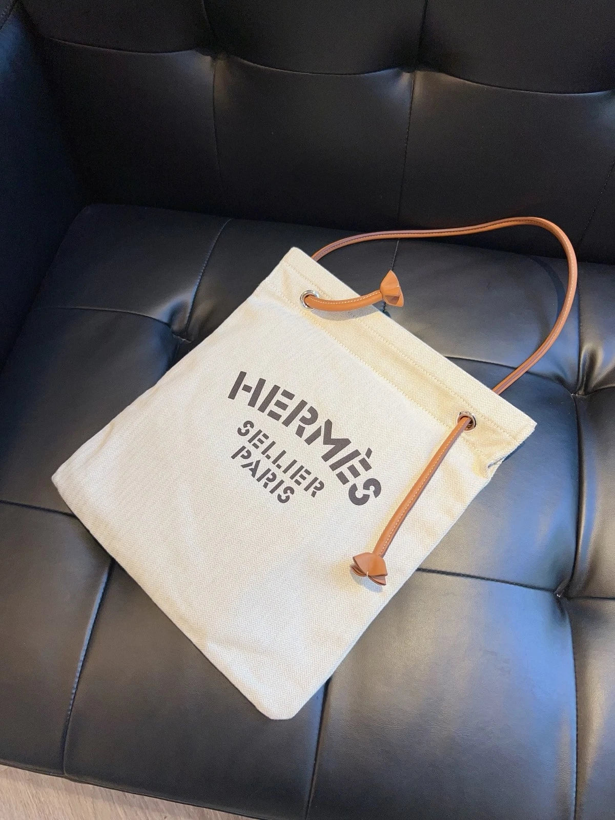 Hermes Aline Canvas Shoulder Bag White Brown Women Fashion