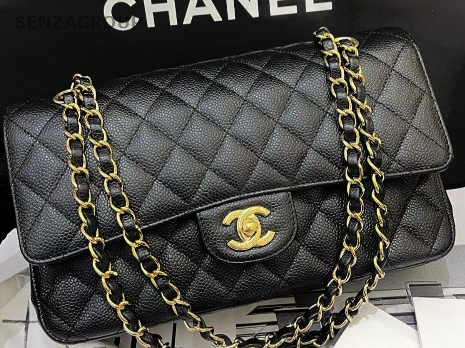 Chanel Classic Flap Calfskin Leather MM Chain Shoulder Bag Black Gold Women