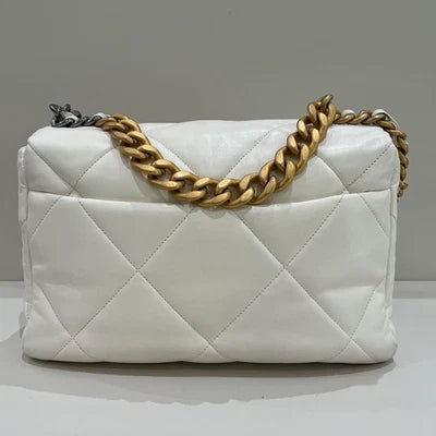 Chanel 19 Medium Quilted Bag White Gold Chain Shoulder Crossbody