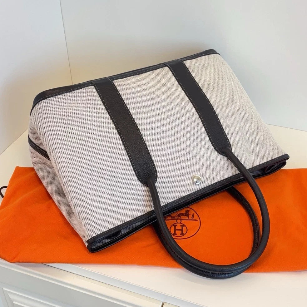 Hermes Garden Party 36 Tote Top Handle Bag White Black Women Classic
