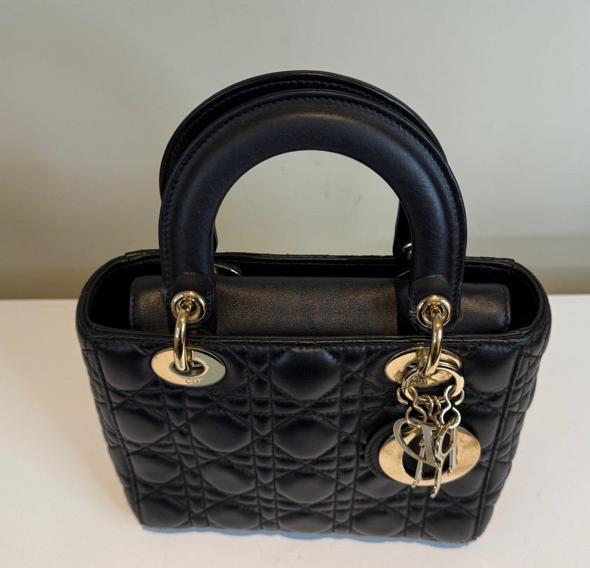 Christian Dior Lady Dior 2Way Top Handle Crossbody Black Gold Women Classic