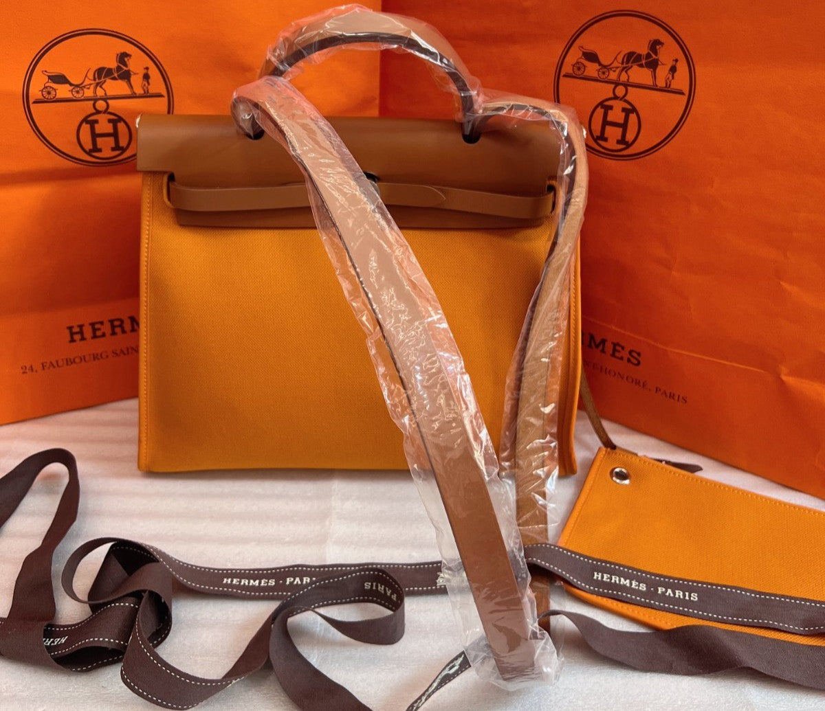 Hermes Herbag31 Top Handle 2way Shoulder Handbag Canvas Orang Brown Women