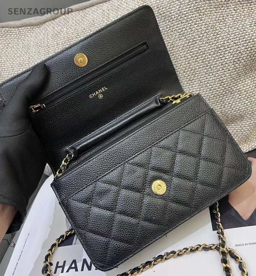 Chanel WOC Chain Diamond Shoulder Bag Black Gold Women Classic
