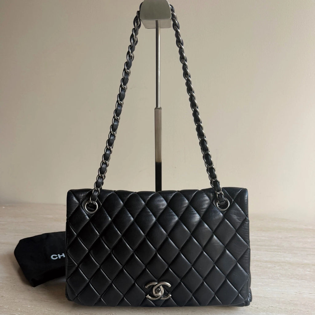 Chanel Classic Flap Puff Diamond Silver Chain Black Shoulder Bag Turn Lock