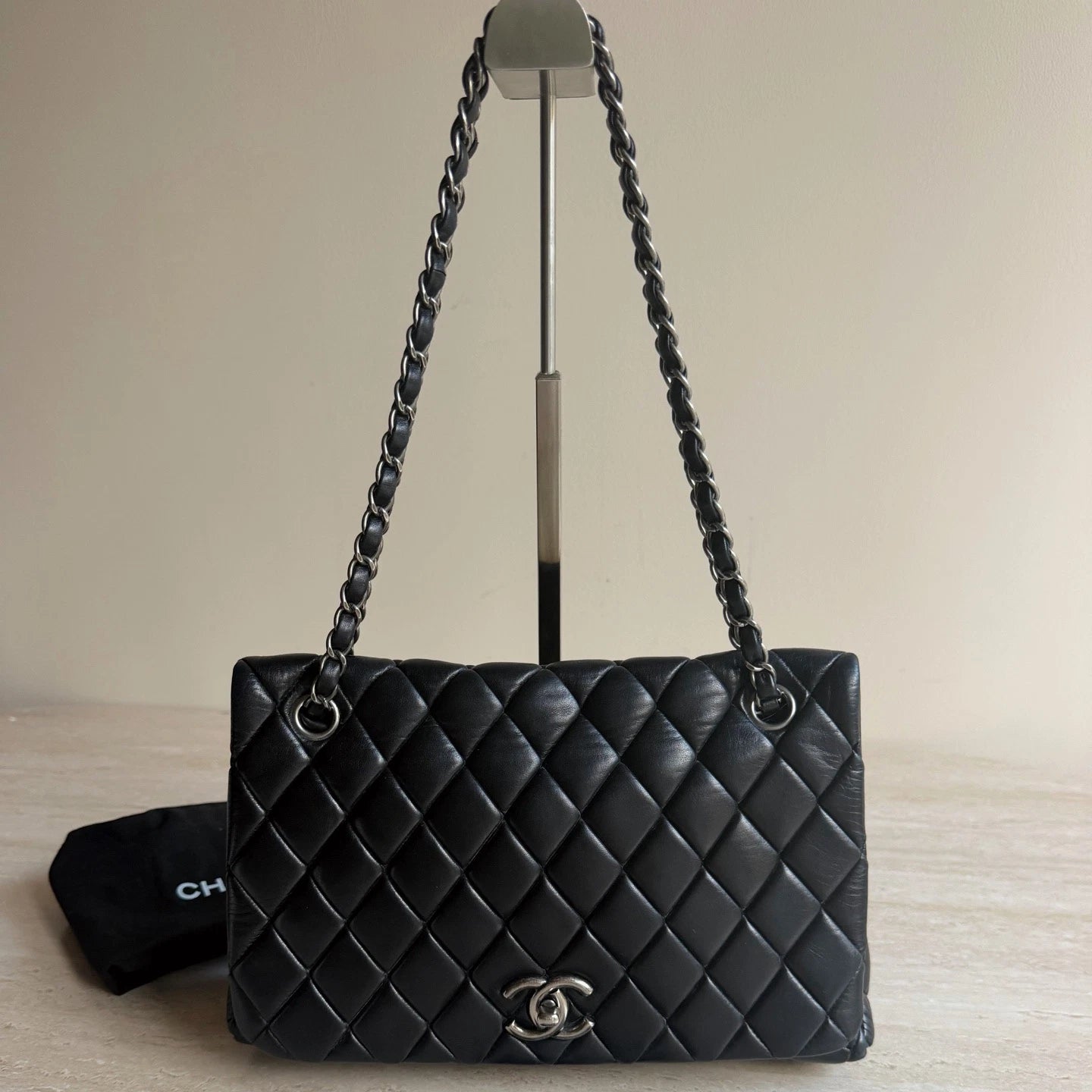Chanel Classic Flap Puff Diamond Silver Chain Black Shoulder Bag Turn Lock