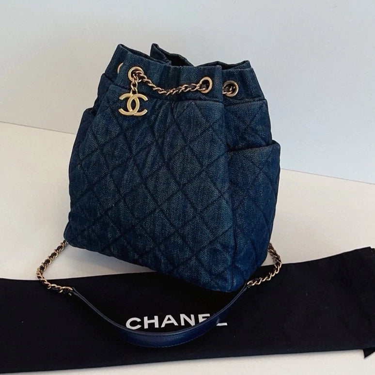 Chanel Denim Bucket Chain Shoulder Crossbody Blue Gold Diamond Women Classic