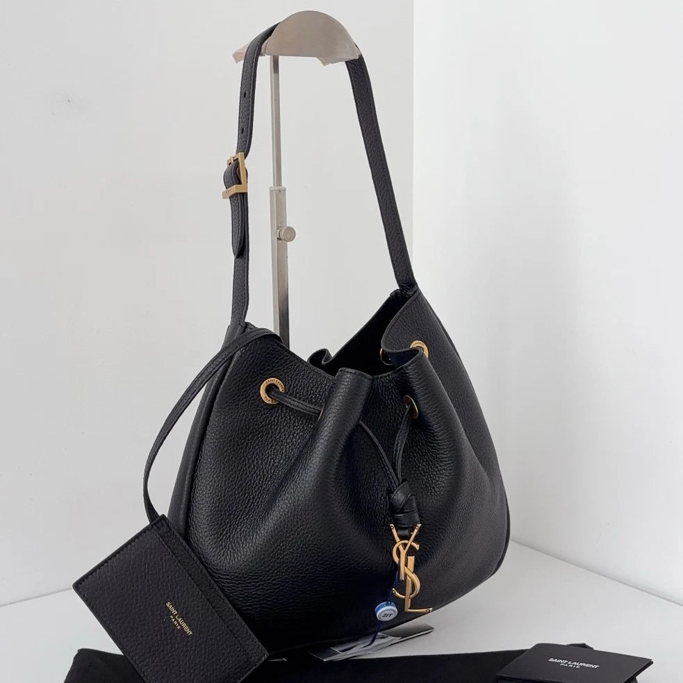 Excellent Saint Laurent Hobo Paris Vii Black Bucket Shoulder Bag Gold Hardware
