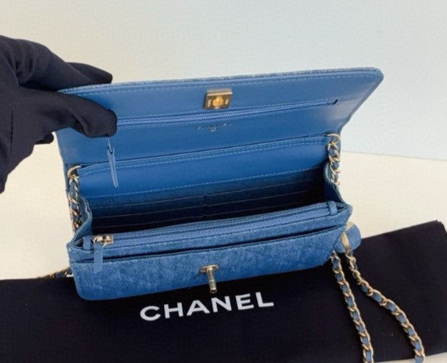 Chanel WOC Denim Chain Shoulder Bag Crossbody Blue Gold Women Classic Fashion
