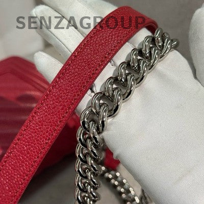 Chanel Red Silver Medium Le Boy Chain Shoulder Crossbody Bag
