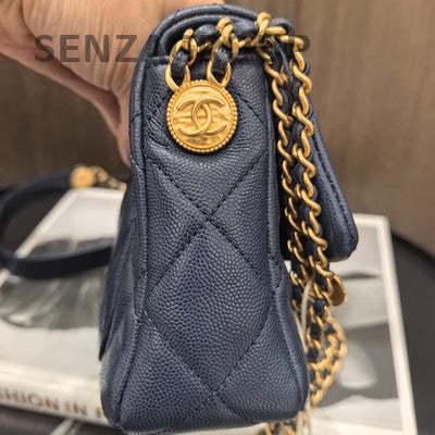 Chanel Quilted Calfskin Blue Gold Chain Shoulder Bag Classic Women
