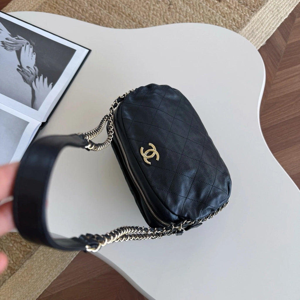 Chanel Calfskin Hobo Chain Shoulder Bag Black Gold Used Women Classic