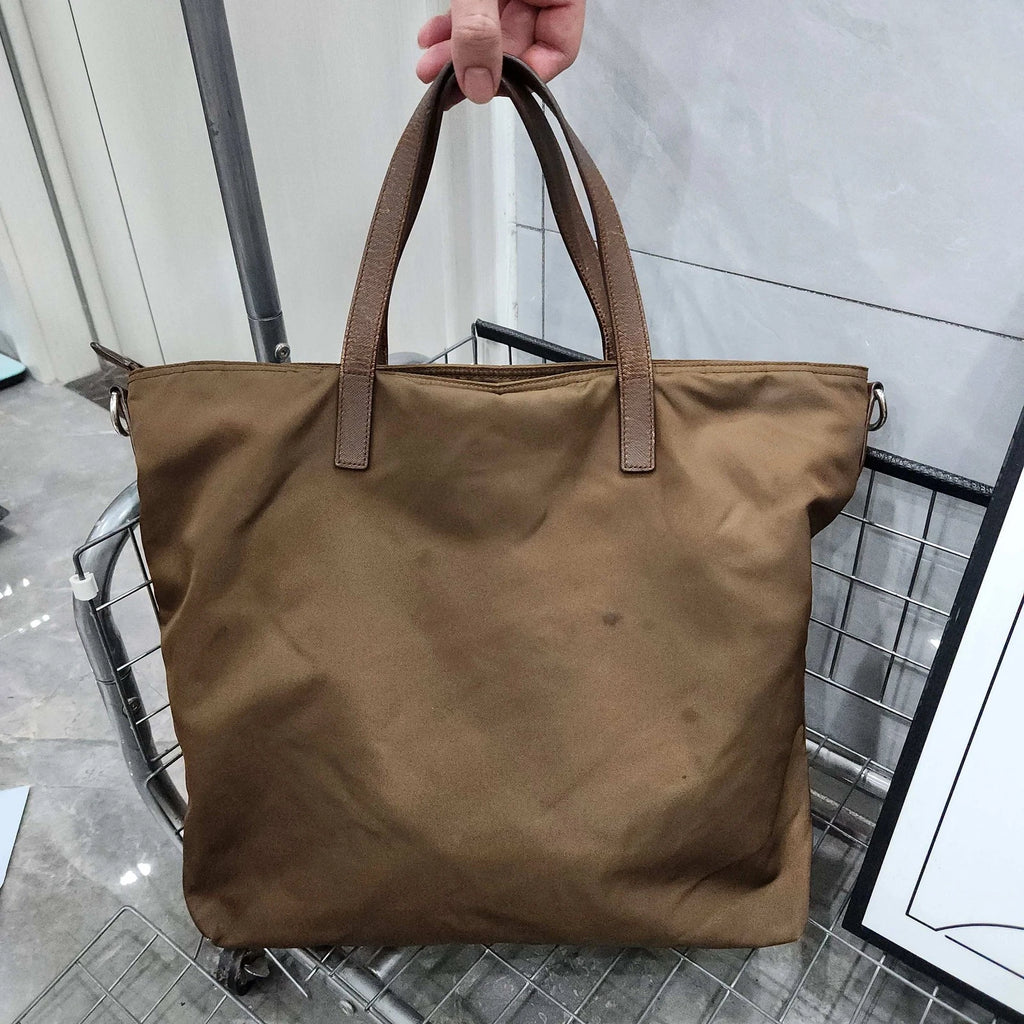 Prada Dark Brown Nylon Leather Tote Handbag For Women