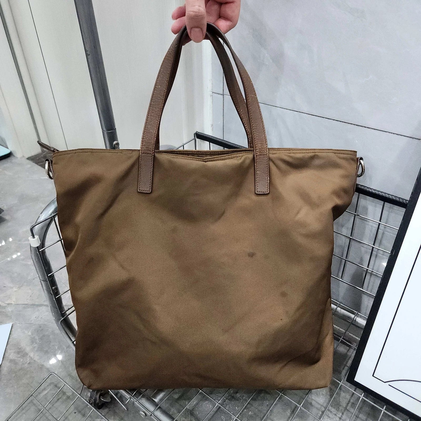 Prada Dark Brown Nylon Leather Tote Handbag For Women