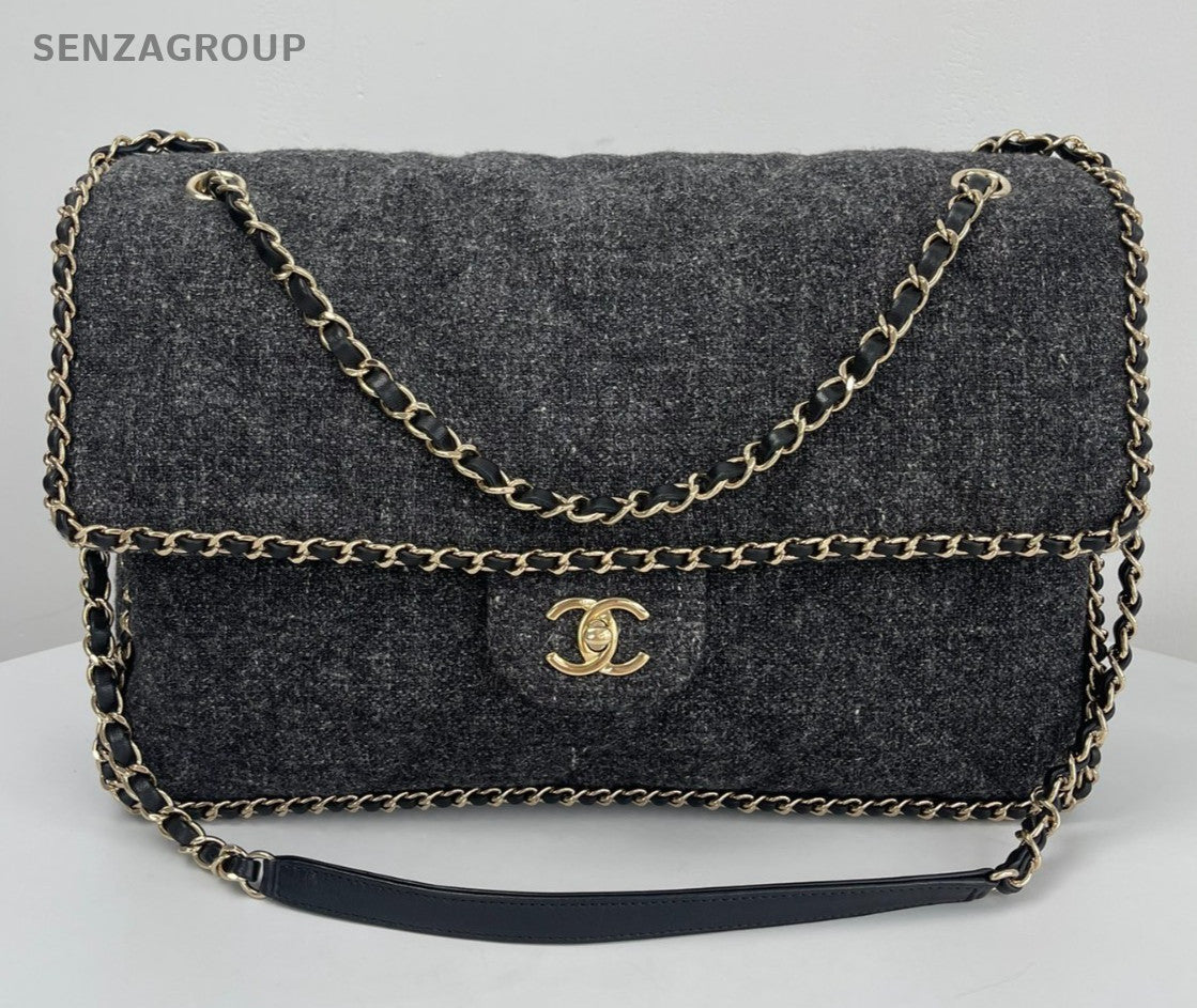 Chanel Tweed Trim Classic Flap Chain GM Shoulder Bag Gray Gold Used Women