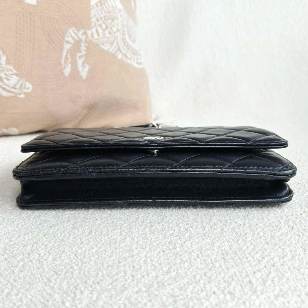 Chanel WOC Lambskin Chain Crossbody Black Silver Diamond Women Classic