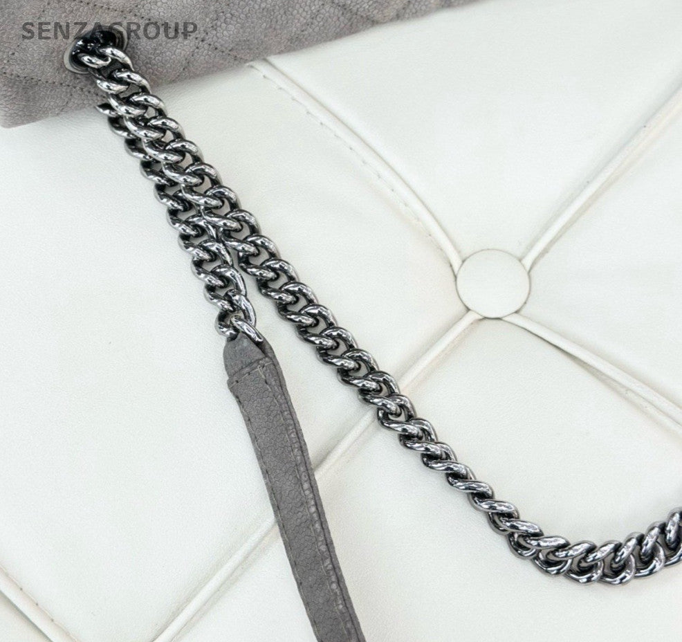 Chanel Diamond Calfskin Chain Shoulder Bag Gray Silver Used Women Classic