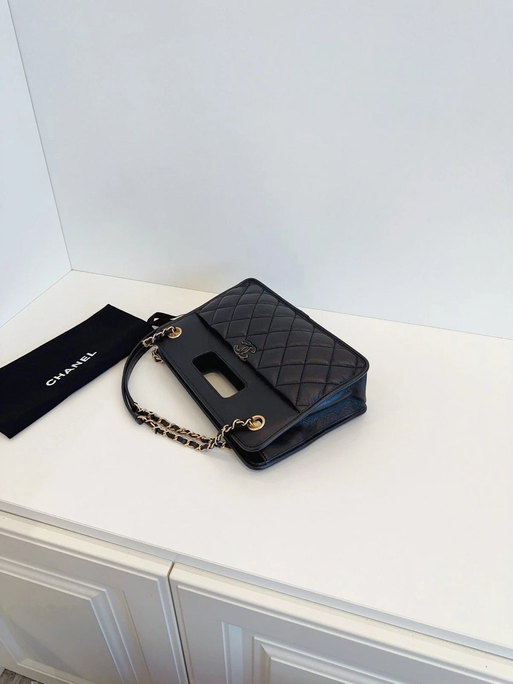 Chanel Vintage Chain Briefcase Caviar Leather Handbag Crossbody Bag Black