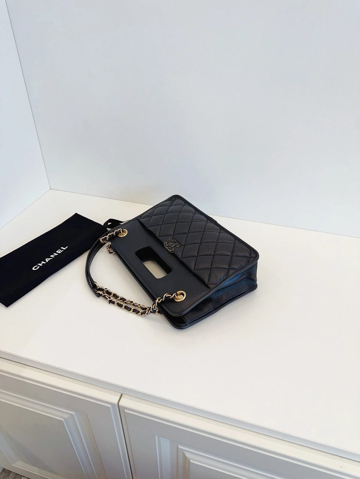 Chanel Vintage Chain Briefcase Caviar Leather Handbag Crossbody Bag Black