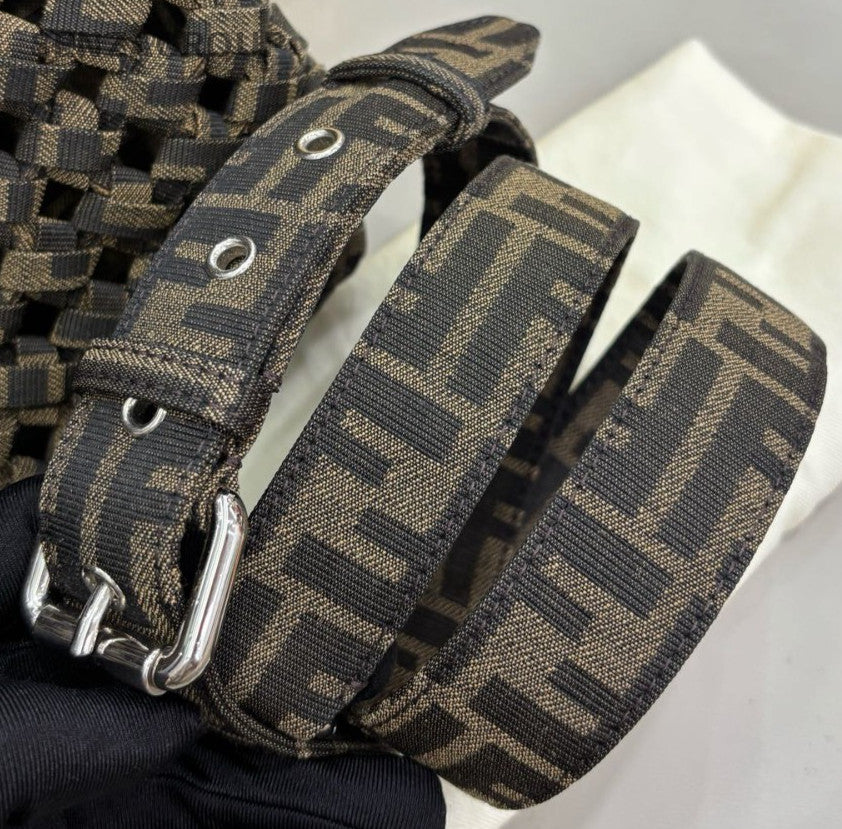 Fendi Peekaboo Monogram Shoulder Bag Crossbody Brown Silver Women Classic
