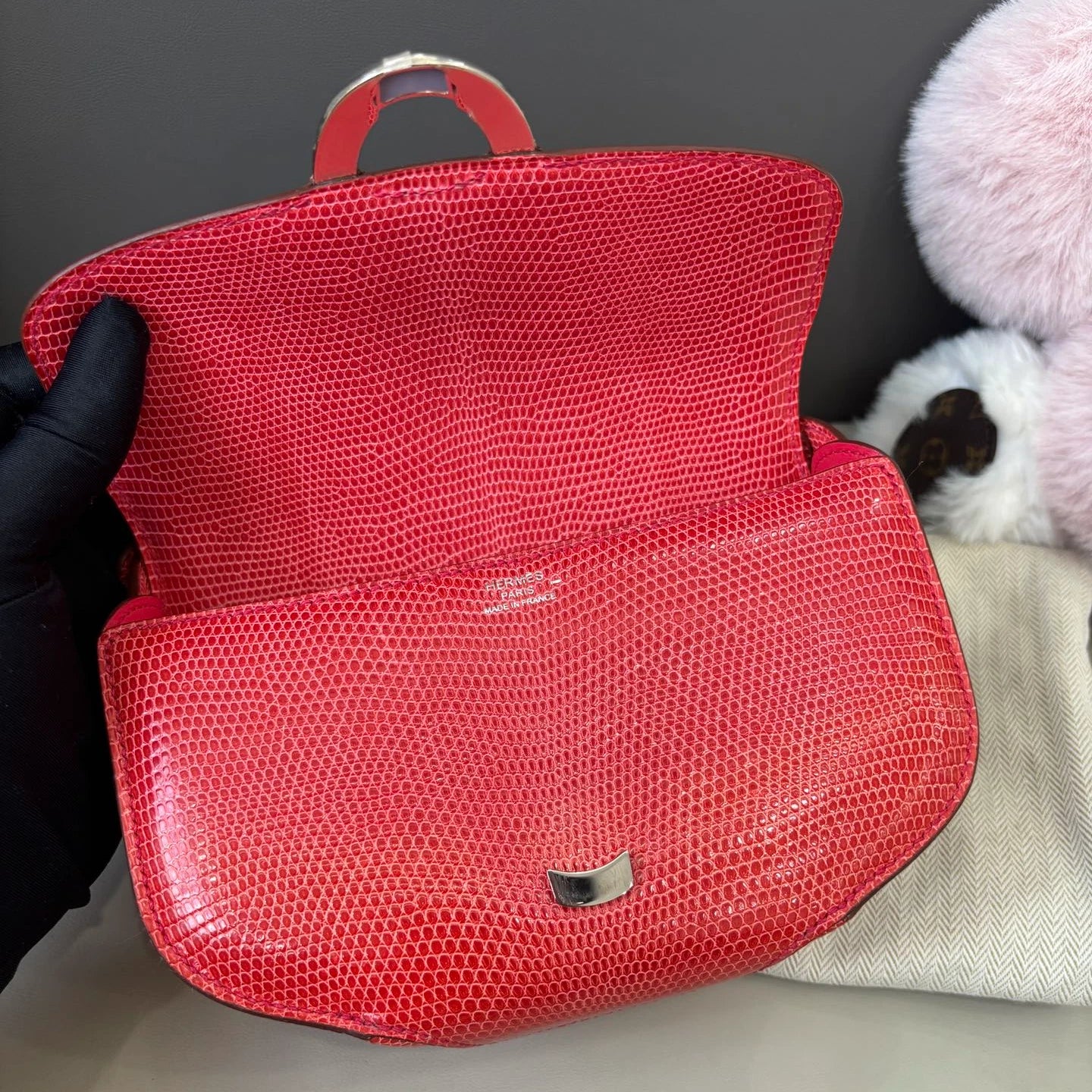 Hermes Cherche Midi 2Way Shoulder Crossbody Red Silver Women Classic Fashion