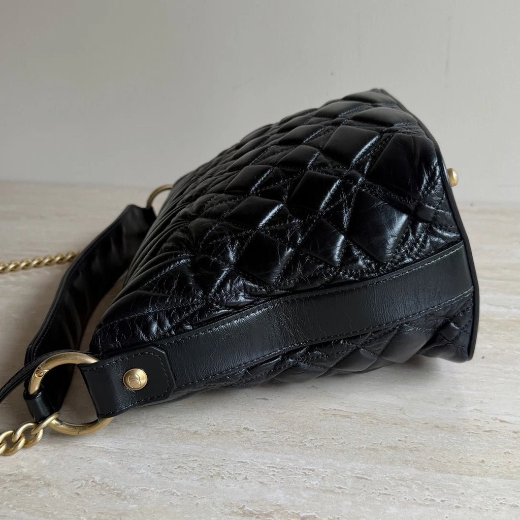 Chanel Calfskin Leather Diamond Black Handbag Gold Chain Crossbody