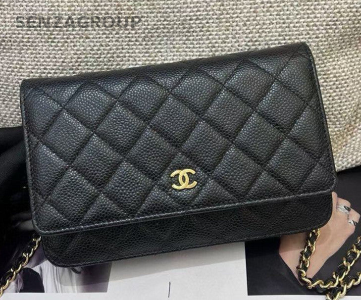 Chanel WOC Chain Diamond Shoulder Bag Black Gold Women Classic