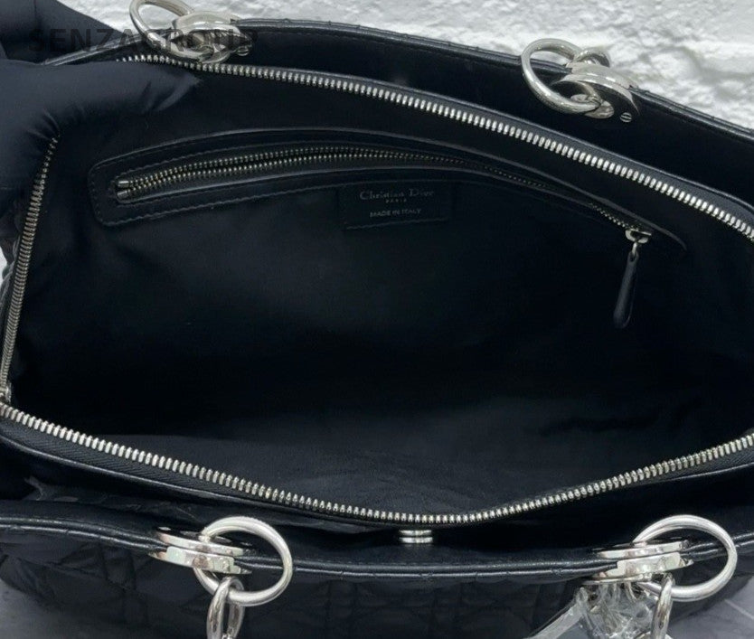 Dior Lady Lambskin Leather Chain Tote Shoulder Bag Black Silver Women Classic