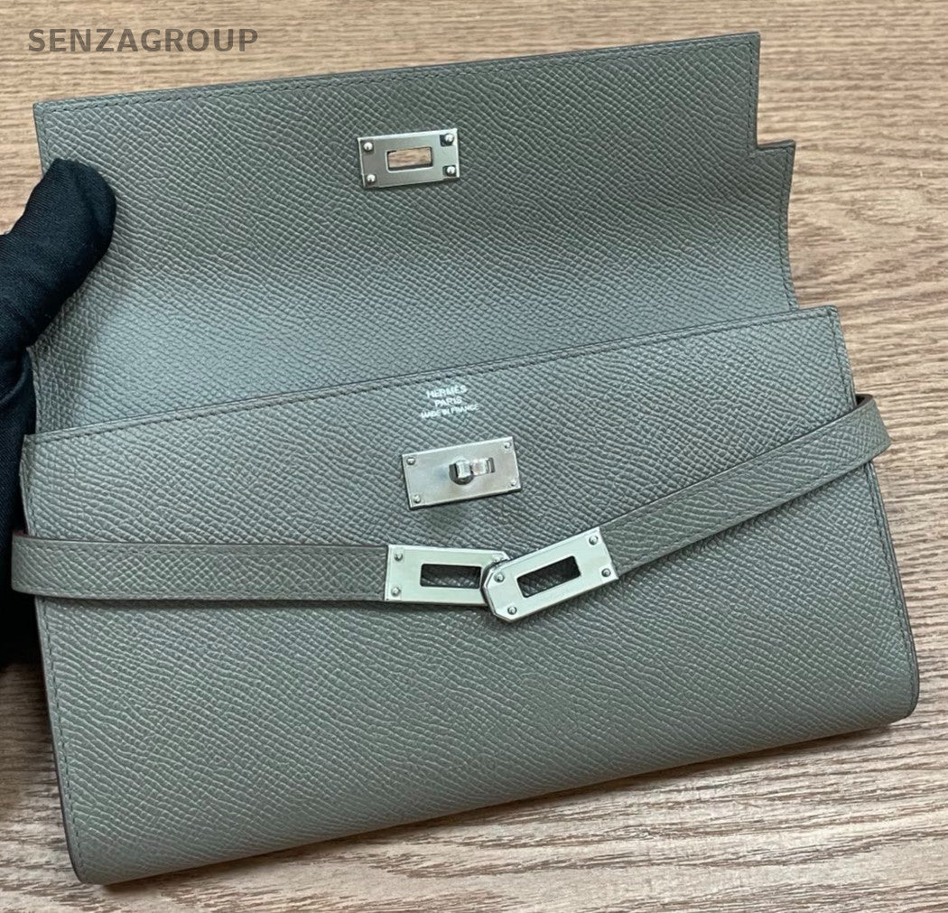 Hermes Kelly Long Wallet Clutch Epsom Gray Silver Women Classic