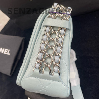 Chanel 22P Waterfall Chain Tofu Bag Blue Silver Hardware Shoulder Crossbody