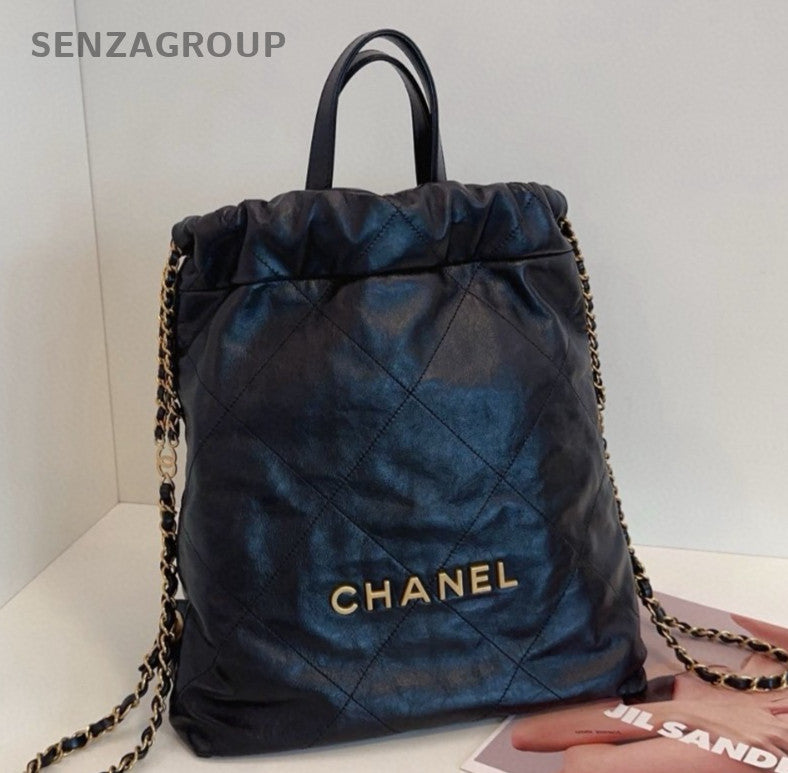 Chanel 22Bag PM Diamond Chain Backpack Black Gold Women Classic