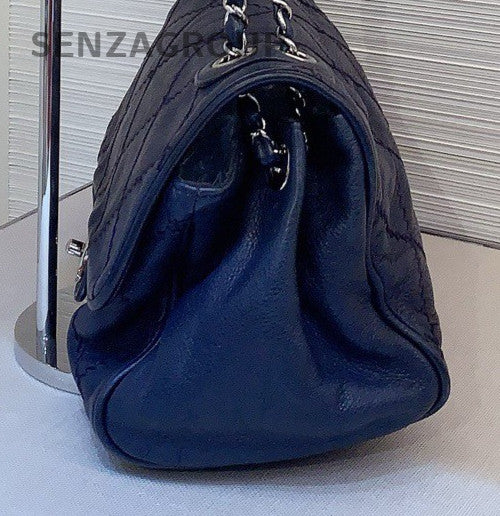 Chanel Classic Flap Calfskin Chain Shoulder Bag Blue Silver Used Women