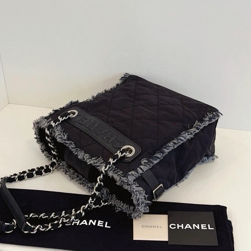 Chanel Deauville PM Chain Shoulder Bag Black Silver Women Classic
