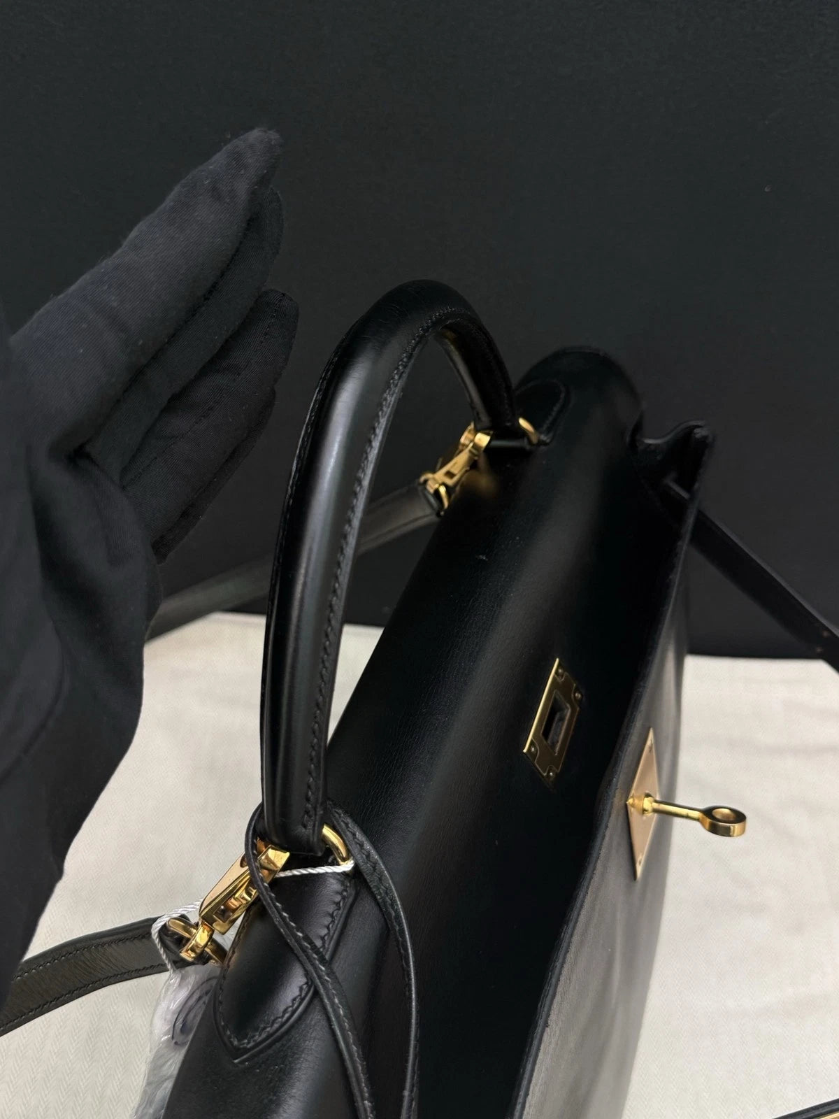 Hermes Kelly32 Box Top Handle Bag Crossbody Women Black Gold Classic Fashion