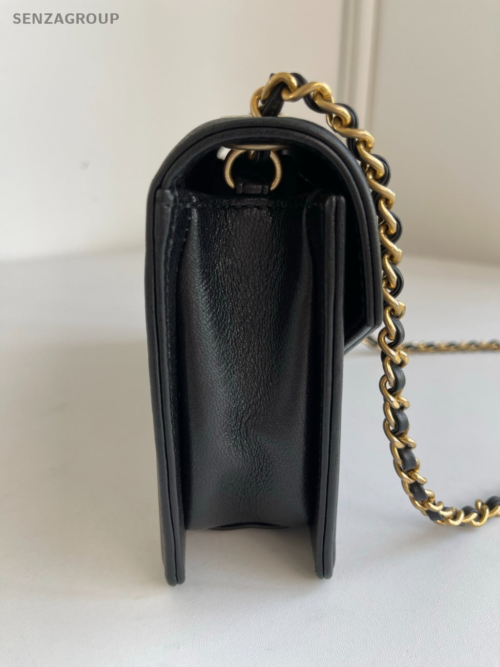 CHANEL V-shaped pattern Calfskin Chain Shoulder bag Black Gold Women