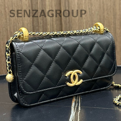 Chanel WOC Chain Shoulder Crossbody Bag Black Gold Quilted Classic