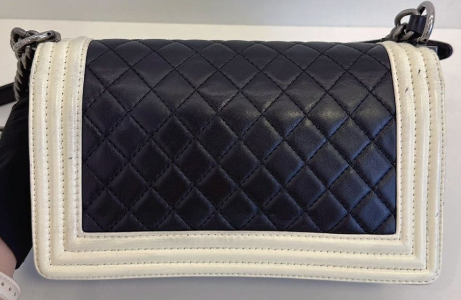 Chanel Leboy MM Lambskin Chain Shoulder Bag Black White Women Classic Diamond