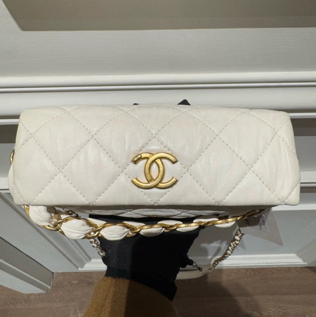Chanel Diamond Hobo Chain Top Handle Bag Crossbody White Gold Used Women Classic