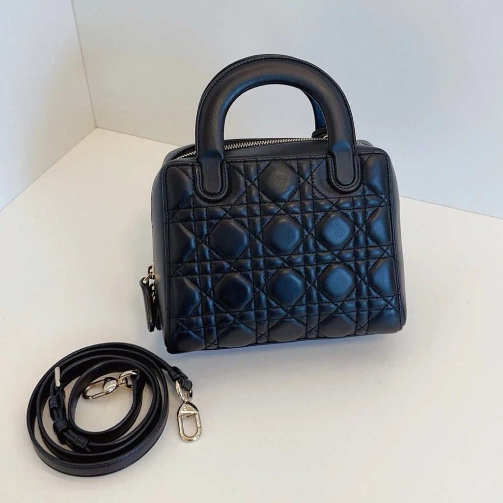 Christian Dior Lily Cannage 2-Way Black Top Handle Bag Crossbody Gold Hardware