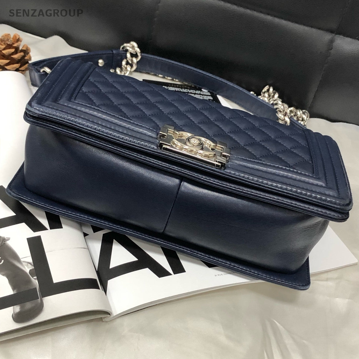 Chanel Lambskin Blue Silver Hardware Medium Boy Bag Chain Shoulder Crossbody