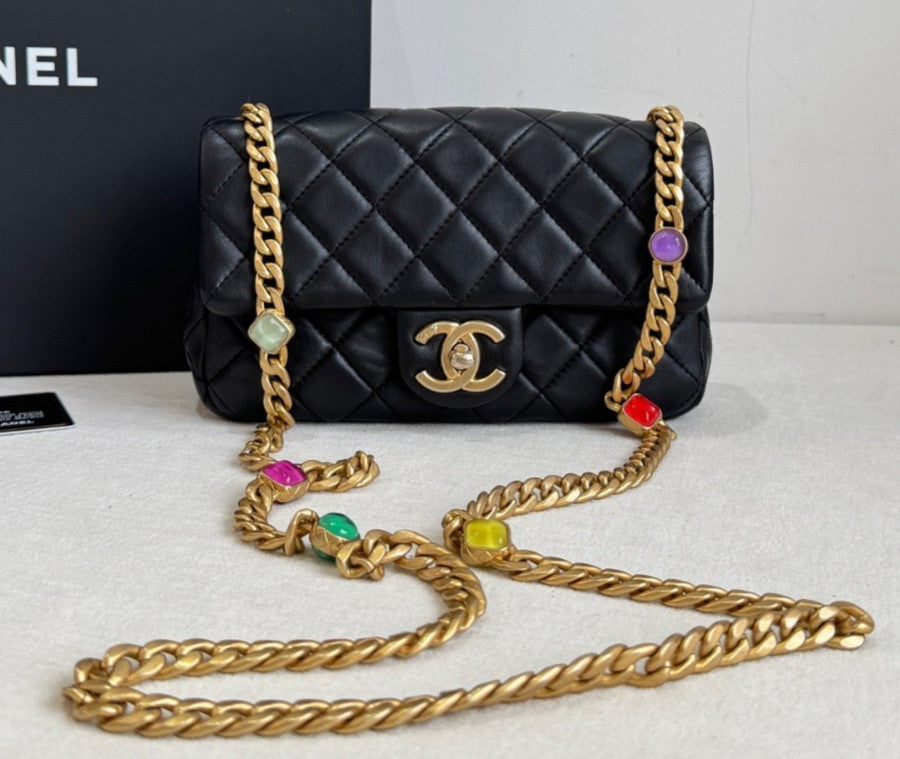 Chanel Diamond Mini Gemstone Chain Shoulder Bag Crossbody Black Gold Women