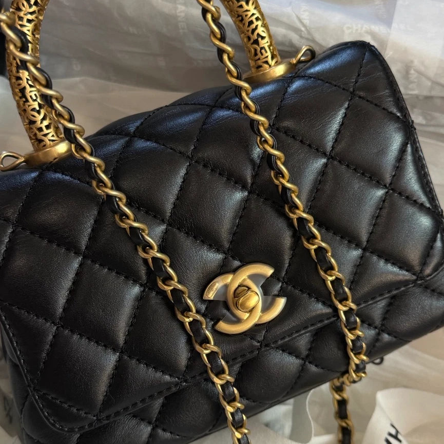 Chanel Cocohandle Mini Chain Lambskin Top Handle Crossbody Black Gold Women