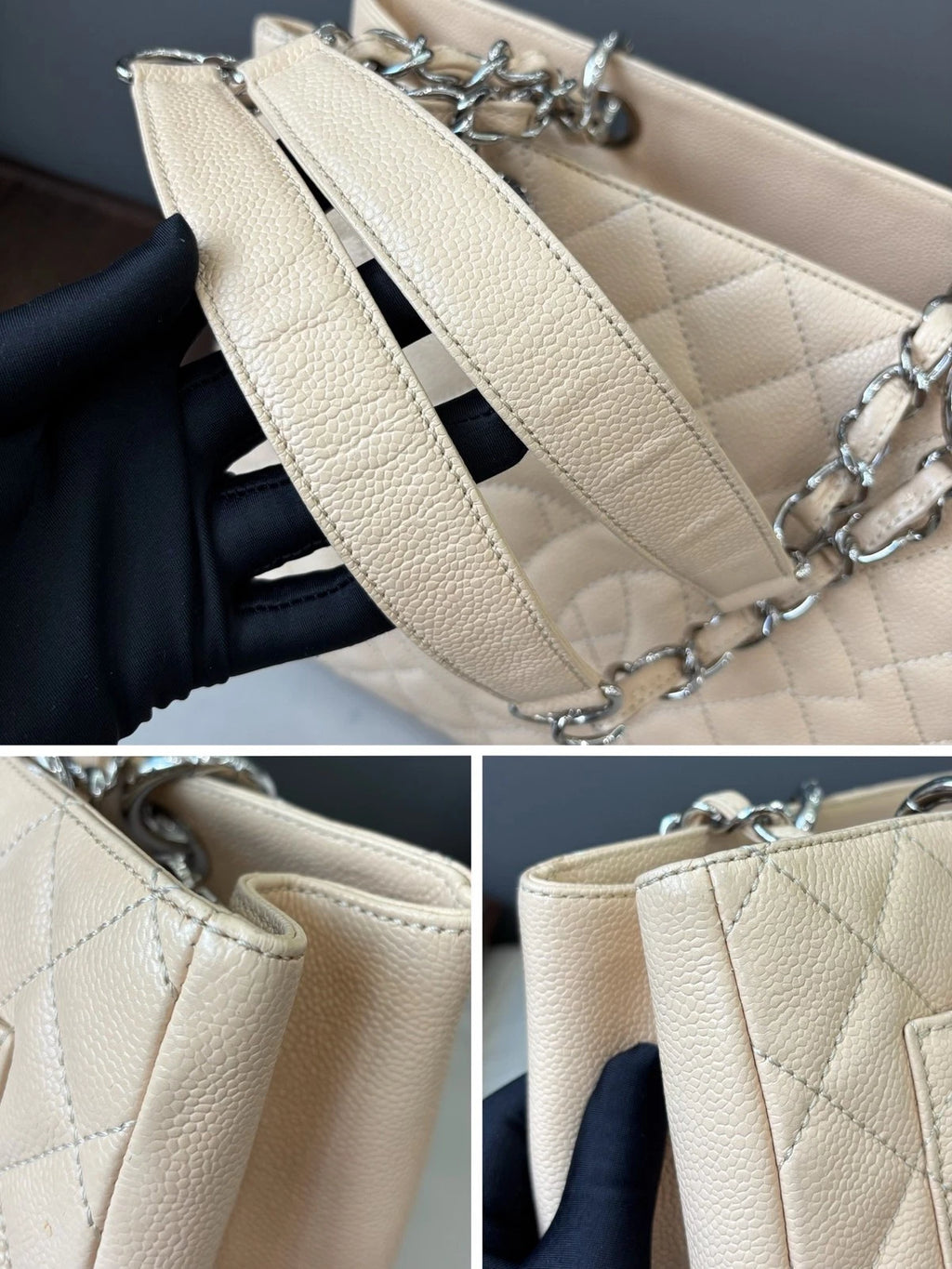 Authentic Chanel GST Calfskin Silver Hardware Chain Ivory Shoulder Bag Diamond