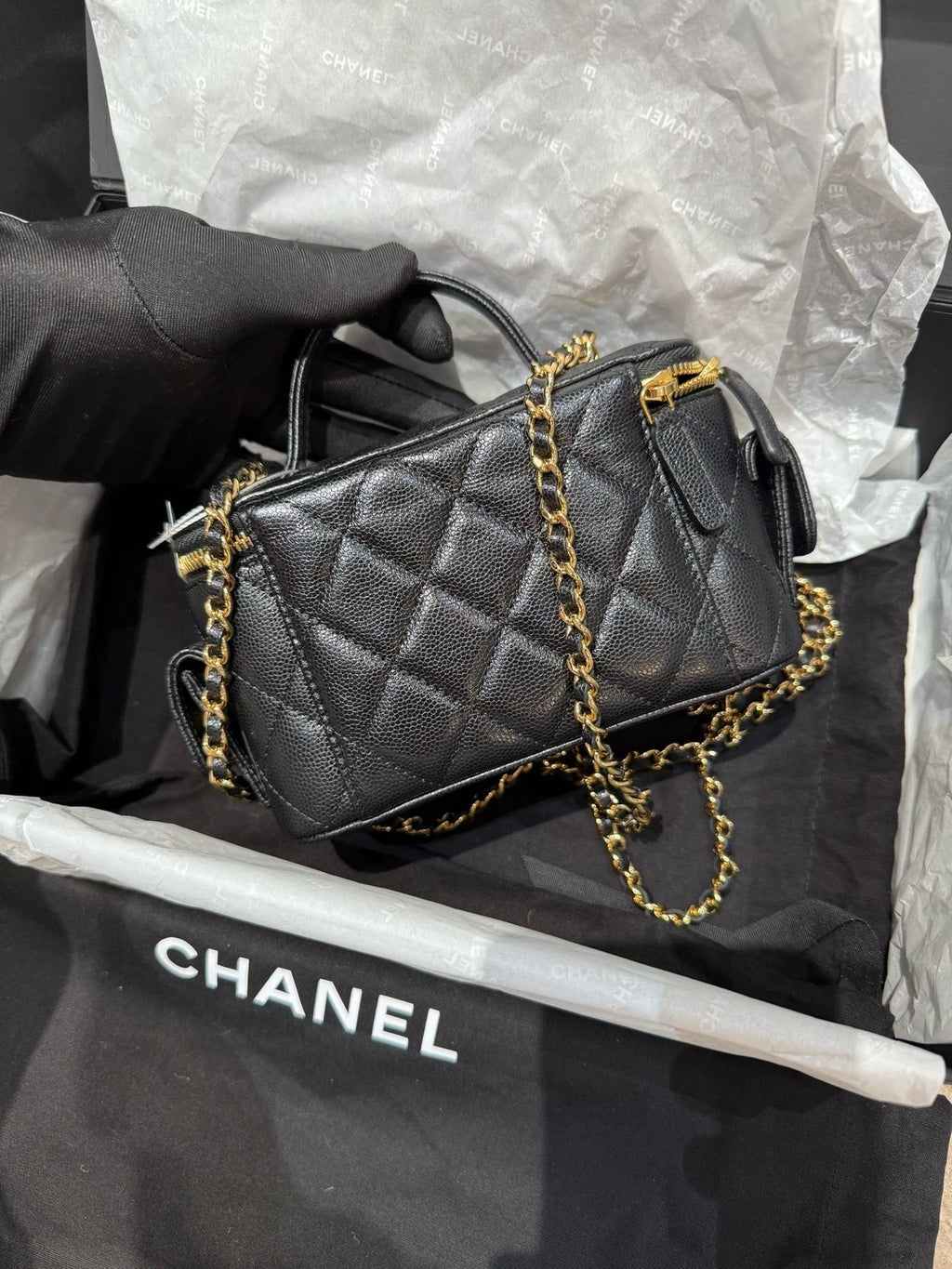CHANEL Cargo Black Gold Caviar Leather Shoulder Bag For Women