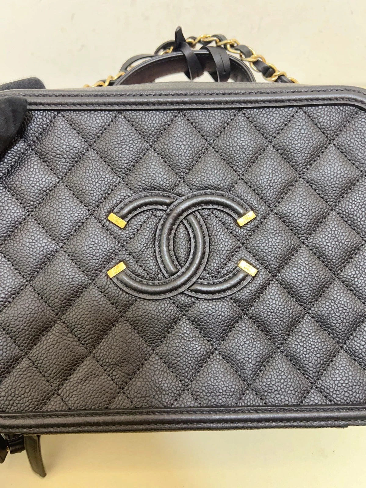 Chanel Calfskin Diamond Camera Bag Chain Crossbody Top Handle Bag Black