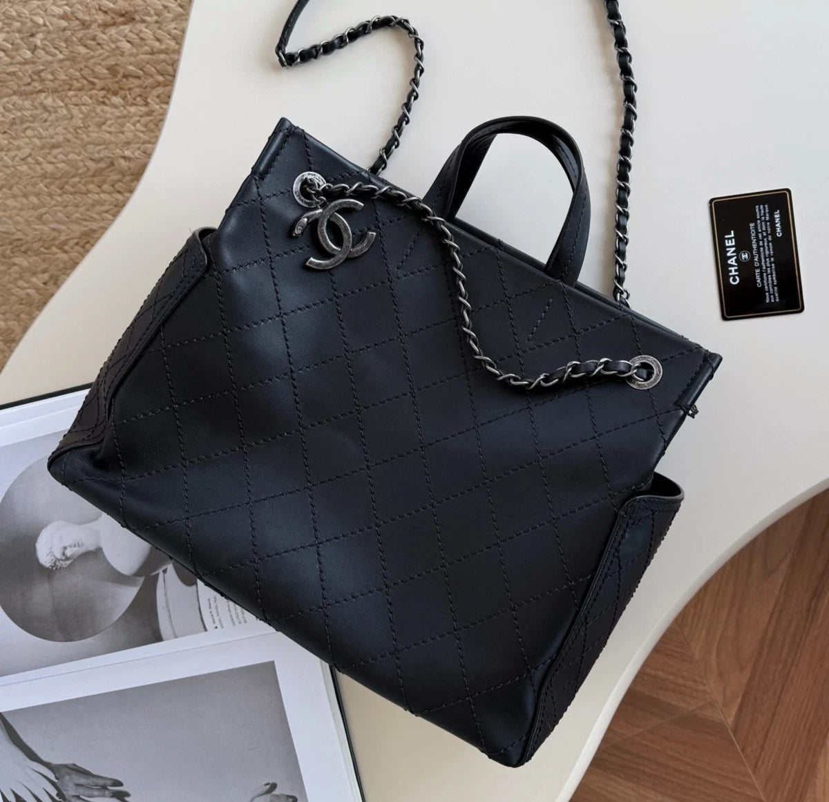 Chanel Diamond Calfskin Tote Chain Top Handle Shoulder Bag Black Silver