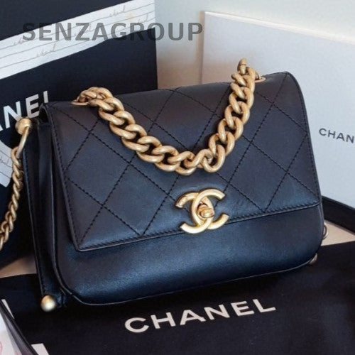 Chanel Cuba Calfskin Chain Top Handle Bag Crossbody Black Gold Women Classic